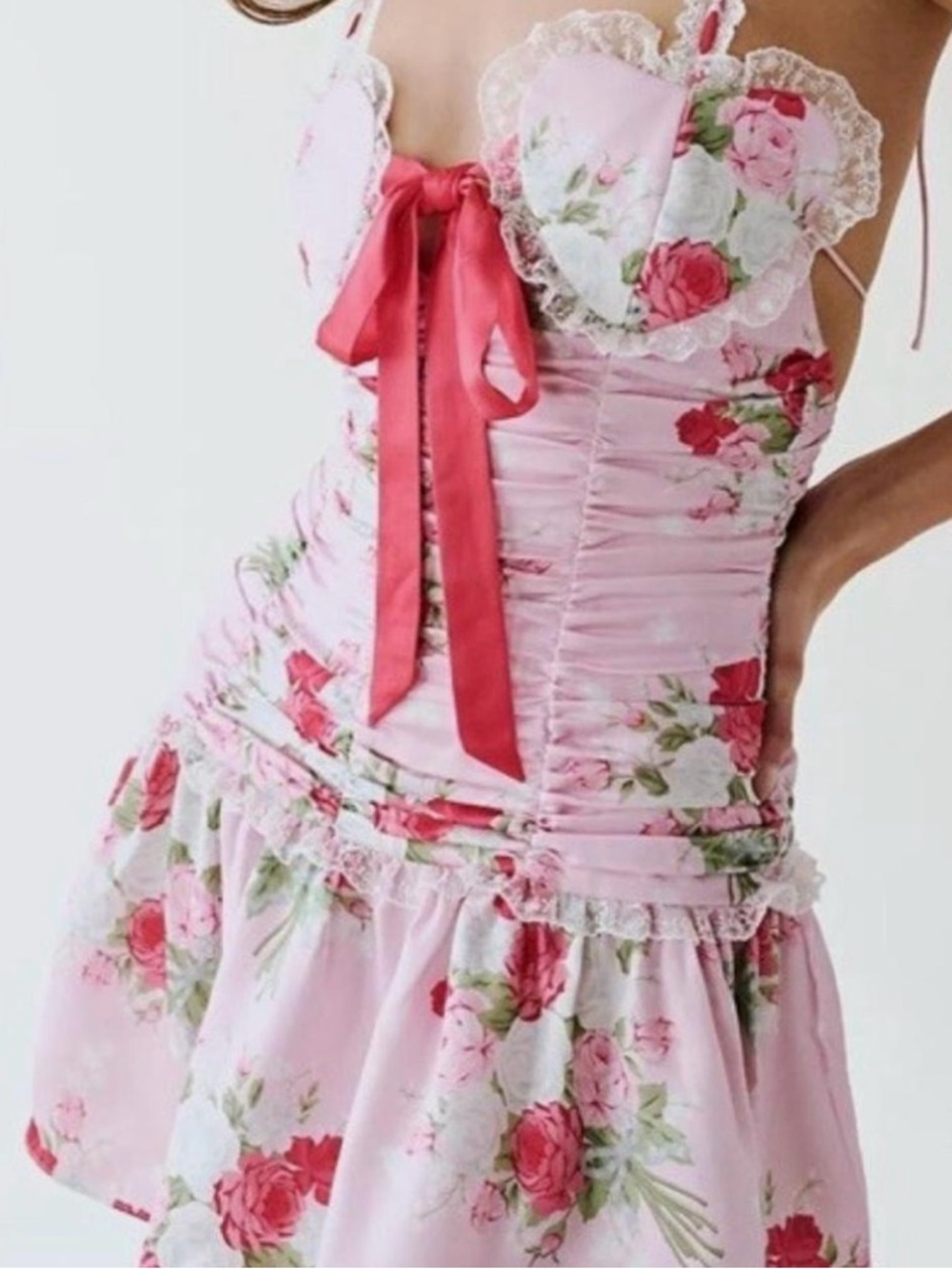 For Love And Lemons Pink Gianna heart Floral Mini Dress with Red Bow